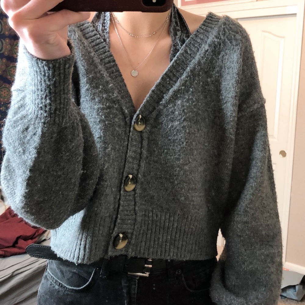 Topshop balloon sleeve button up sweater/cardigan
